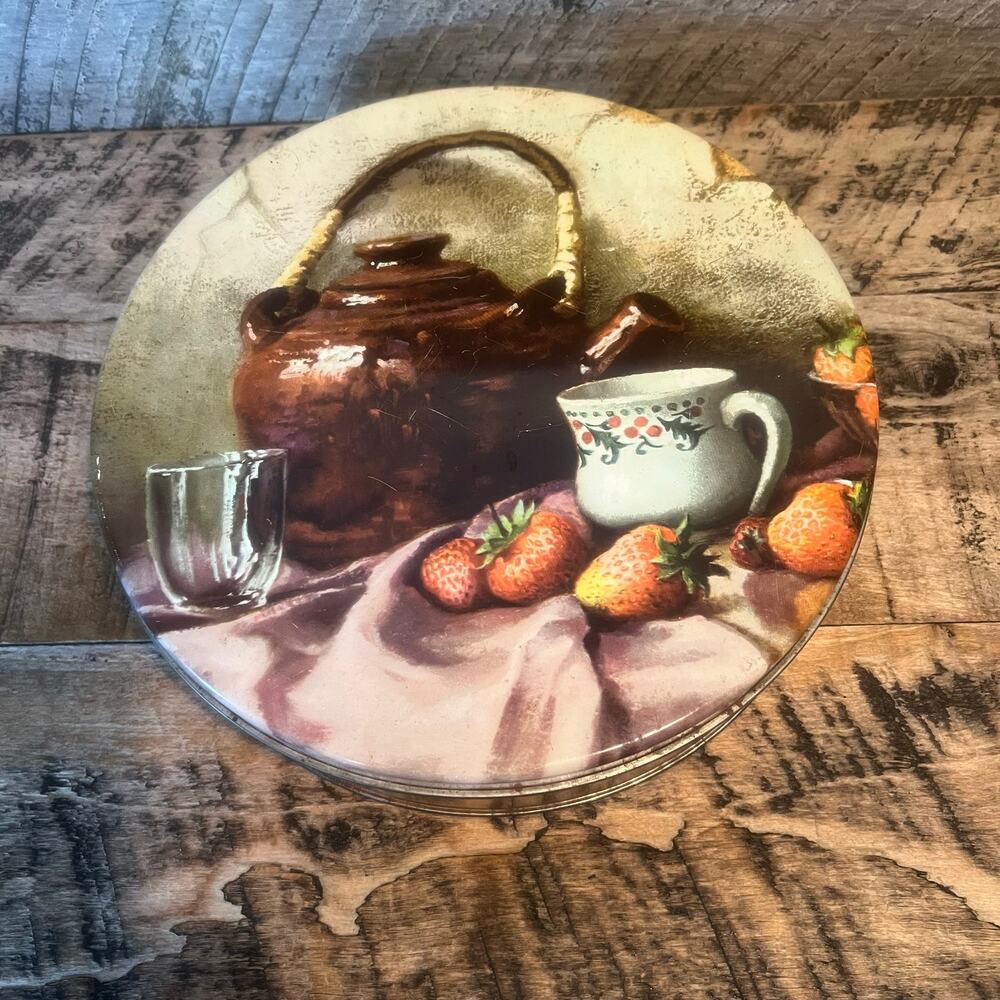 Vintage Round Metal Cake Tin Strawberries Tea Kettle Still Life Kitchen Decor